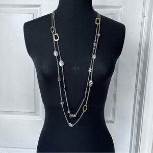 Two Tone Silver Gold Hammered Metal And Crystal Bead Rope Necklace, 39”